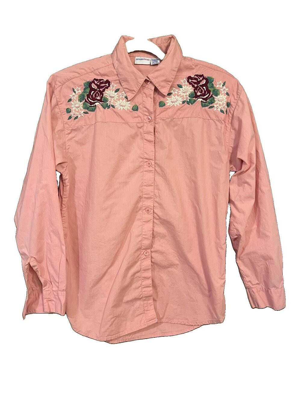 Vintage 90’s Embroidered Floral Pink Long Sleeve Button Top
